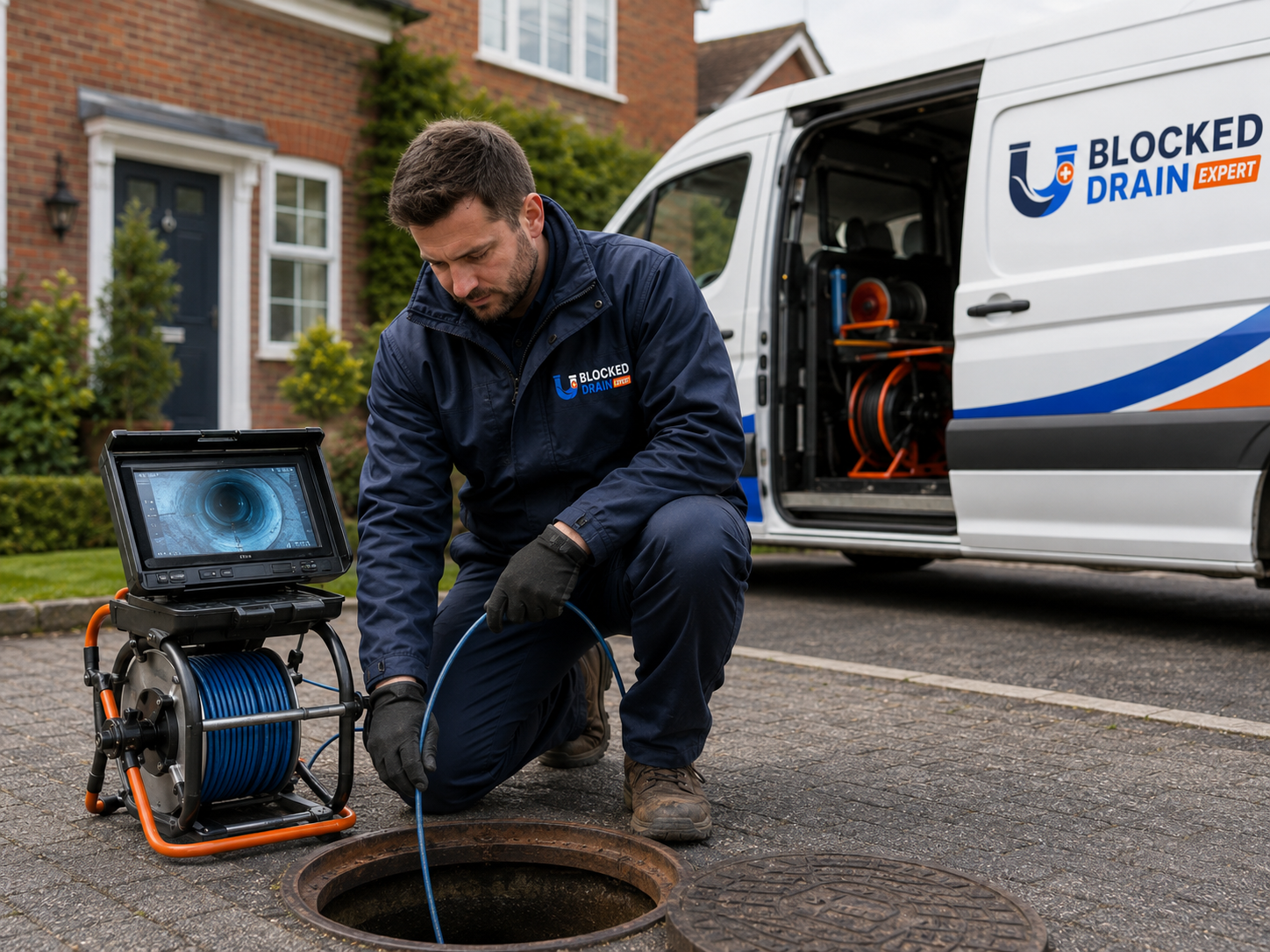 Blocked Drain Expert engineer carrying out a CCTV drain inspection beside a branded service van