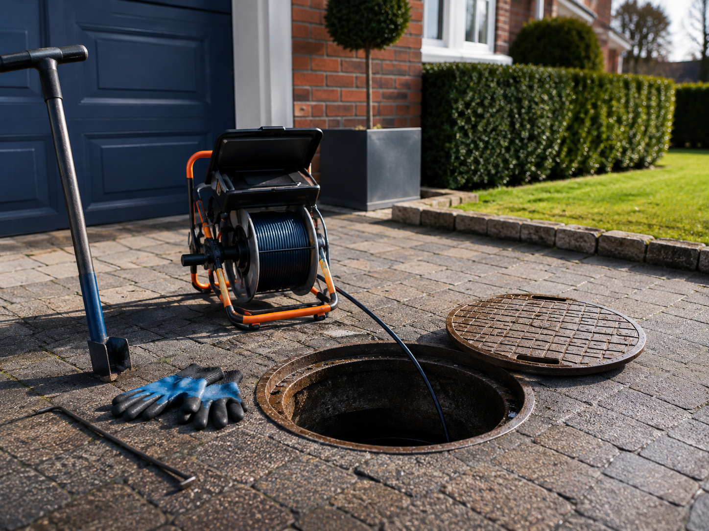 Professional drain inspection equipment beside an open residential drain